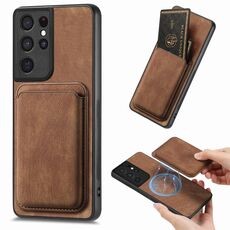 Per Samsung Galaxy S21 Ultra 5G Borsa per carte di credito in pelle retrò Custodia magnetica per telefono (marrone)