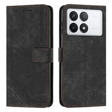 Per Xiaomi Redmi K70E Custodia per telefono in pelle con motivo a strisce Skin Feel con cordino lungo (nero)