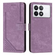 Per Xiaomi Redmi K70E Custodia per telefono in pelle con motivo a strisce Skin Feel con cordino lungo (viola)
