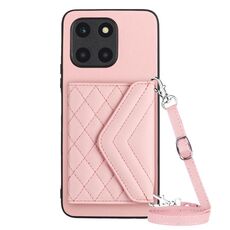 Custodia per telefono RFID con texture rombica per Honor X6a con cordino lungo (oro rosa)