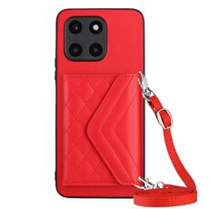 Custodia per telefono RFID con texture rombica per Honor X6a con cordino lungo (rosso)