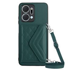Custodia per telefono RFID con texture rombica per Honor X7a / Play 7T con cordino lungo (verde)