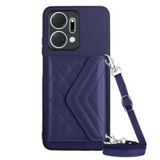 Custodia per telefono RFID con trama rombica per Honor X7a / Play 7T con cordino lungo (viola scuro)
