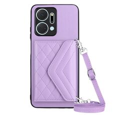 Custodia per telefono RFID con texture rombica per Honor X7a / Play 7T con cordino lungo (viola chiaro)
