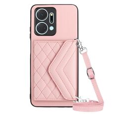 Custodia per telefono RFID con texture rombica per Honor X7a / Play 7T con cordino lungo (oro rosa)