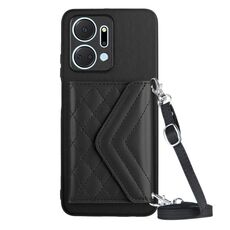 Custodia per telefono RFID con texture rombica per Honor X7a / Play 7T con cordino lungo (nero)