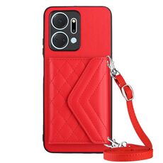 Custodia per telefono RFID con texture rombica per Honor X7a / Play 7T con cordino lungo (rosso)