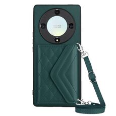 Custodia per telefono RFID con texture rombica per Honor X9a / Magic5 Lite con cordino lungo (verde)