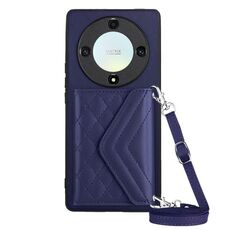 Custodia per telefono RFID con texture rombica per Honor X9a / Magic5 Lite con cordino lungo (viola scuro)