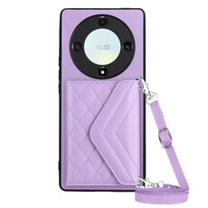 Custodia per telefono RFID con texture rombica per Honor X9a / Magic5 Lite con cordino lungo (viola chiaro)