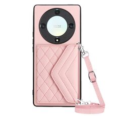 Custodia per telefono RFID con texture rombica per Honor X9a / Magic5 Lite con cordino lungo (oro rosa)