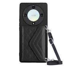 Custodia per telefono RFID con texture rombica per Honor X9a / Magic5 Lite con cordino lungo (nero)