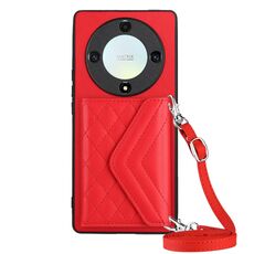 Custodia per telefono RFID con texture rombica per Honor X9a / Magic5 Lite con cordino lungo (rosso)