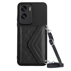 Custodia per telefono RFID con texture rombica per Honor X50i con cordino lungo (nero)