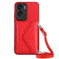 Custodia per telefono RFID con texture rombica per Honor X50i con cordino lungo (rosso)