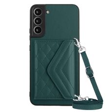 Custodia per telefono RFID con texture rombica per Samsung Galaxy S22+ 5G con cordino lungo (verde)