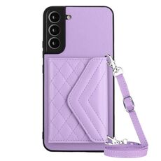 Custodia per telefono RFID con texture rombica per Samsung Galaxy S22+ 5G con cordino lungo (viola chiaro)