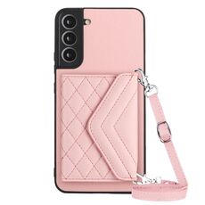 Custodia per telefono RFID con texture rombica per Samsung Galaxy S22+ 5G con cordino lungo (oro rosa)