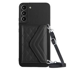 Custodia per telefono RFID con texture rombica per Samsung Galaxy S22+ 5G con cordino lungo (nero)