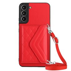 Custodia per telefono RFID con texture rombica per Samsung Galaxy S22+ 5G con cordino lungo (rosso)
