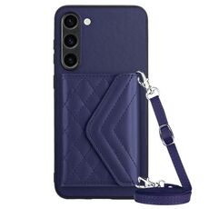 Custodia per telefono RFID con texture rombica per Samsung Galaxy S23+ 5G con cordino lungo (viola scuro)
