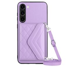 Custodia per telefono RFID con texture rombica per Samsung Galaxy S23+ 5G con cordino lungo (viola chiaro)