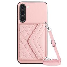 Custodia per telefono RFID con texture rombica per Samsung Galaxy S23+ 5G con cordino lungo (oro rosa)