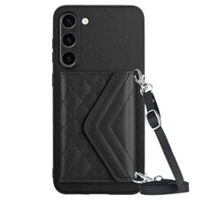 Custodia per telefono RFID con texture rombica per Samsung Galaxy S23+ 5G con cordino lungo (nero)