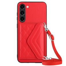 Custodia per telefono RFID con texture rombica per Samsung Galaxy S23+ 5G con cordino lungo (rosso)