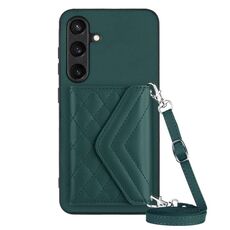 Per Samsung Galaxy S24 5G Custodia per carta con texture rombica Custodia per telefono RFID con cordino lungo (verde)