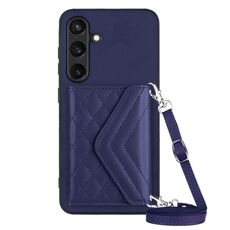 Custodia per telefono RFID con texture rombica per Samsung Galaxy S24 5G con cordino lungo (viola scuro)
