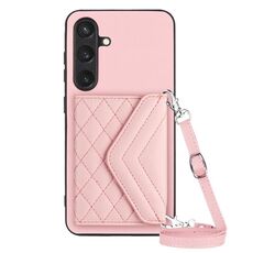 Custodia per telefono RFID con texture rombica per Samsung Galaxy S24 5G con cordino lungo (oro rosa)