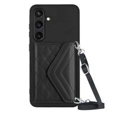 Custodia per telefono RFID con texture rombica per Samsung Galaxy S24 5G con cordino lungo (nero)
