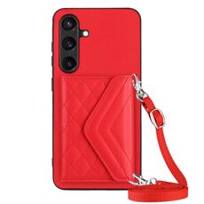 Custodia per telefono RFID con texture rombica per Samsung Galaxy S24 5G con cordino lungo (rosso)