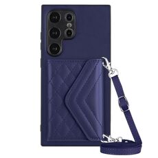 Custodia per telefono RFID con texture rombica per Samsung Galaxy S24 Ultra 5G con cordino lungo (viola scuro)
