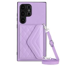 Custodia per telefono RFID con texture rombica per Samsung Galaxy S24 Ultra 5G con cordino lungo (viola chiaro)