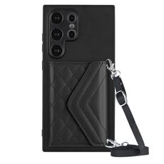 Custodia per telefono RFID con texture rombica per Samsung Galaxy S24 Ultra 5G con cordino lungo (nero)
