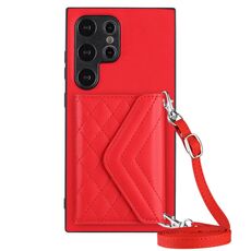 Custodia per telefono RFID con texture rombica per Samsung Galaxy S24 Ultra 5G con cordino lungo (rosso)