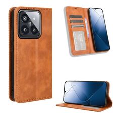 Custodia per telefono in pelle con texture retrò con fibbia magnetica per Xiaomi 14 (marrone)