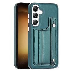 Custodia per telefono in pelle antiurto per Samsung Galaxy S24 5G con cinturino da polso (verde)