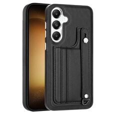 Custodia per telefono in pelle antiurto per Samsung Galaxy S24 5G con cinturino da polso (nero)
