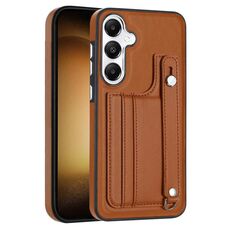 Custodia per telefono in pelle antiurto per Samsung Galaxy S24 5G con cinturino da polso (marrone)