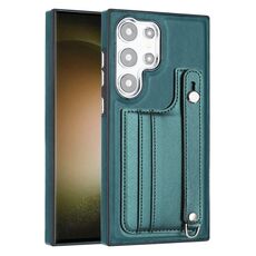 Custodia per telefono in pelle antiurto per Samsung Galaxy S24 Ultra 5G con cinturino da polso (verde)