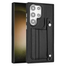 Custodia per telefono in pelle antiurto per Samsung Galaxy S24 Ultra 5G con cinturino da polso (nero)