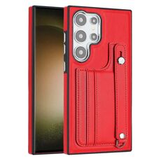 Custodia per telefono in pelle antiurto per Samsung Galaxy S24 Ultra 5G con cinturino da polso (rosso)