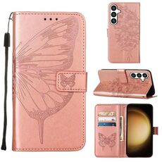 Custodia per telefono in pelle con farfalla goffrata per Samsung Galaxy S24 5G (oro rosa)