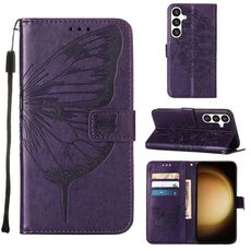 Custodia per telefono in pelle con farfalla goffrata per Samsung Galaxy S24 5G (viola scuro)