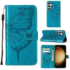 Custodia per telefono in pelle con farfalla goffrata per Samsung Galaxy S24 5G (blu)