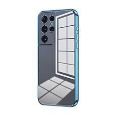 Per Samsung Galaxy S21 Ultra 5G Custodia per telefono con foro fine con placcatura trasparente (blu)