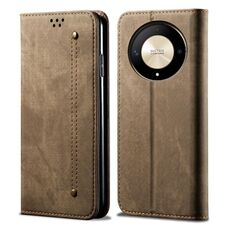 Custodia per telefono in pelle flip con texture denim per Honor Magic6 Lite / X9b 5G (cachi)